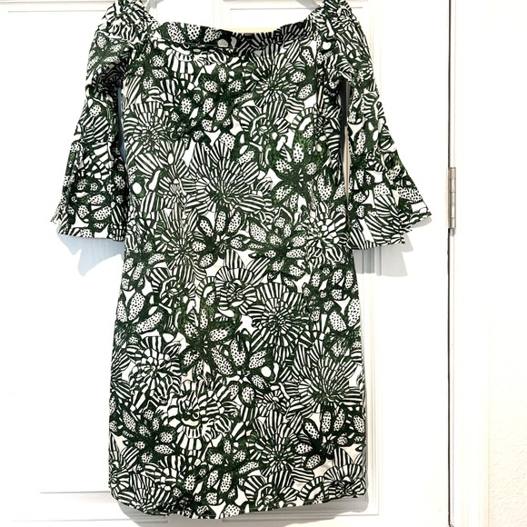 H&M Sheath Dress 6 Kelly Green & White Floral On Off Shoulder Bell Sleeve - Picture 5 of 14